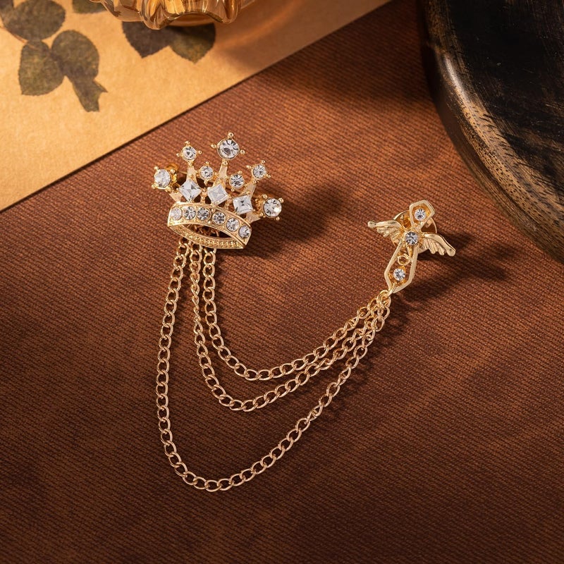 Uarein Cross Crown Long Chain Brooch, Rhinestone Tassel Brooch Pin,Retro Crystal Suit Pins Collar Pin,Coat Tassel Chain Lapel Pins for Men's Suit Accessories - Image 5